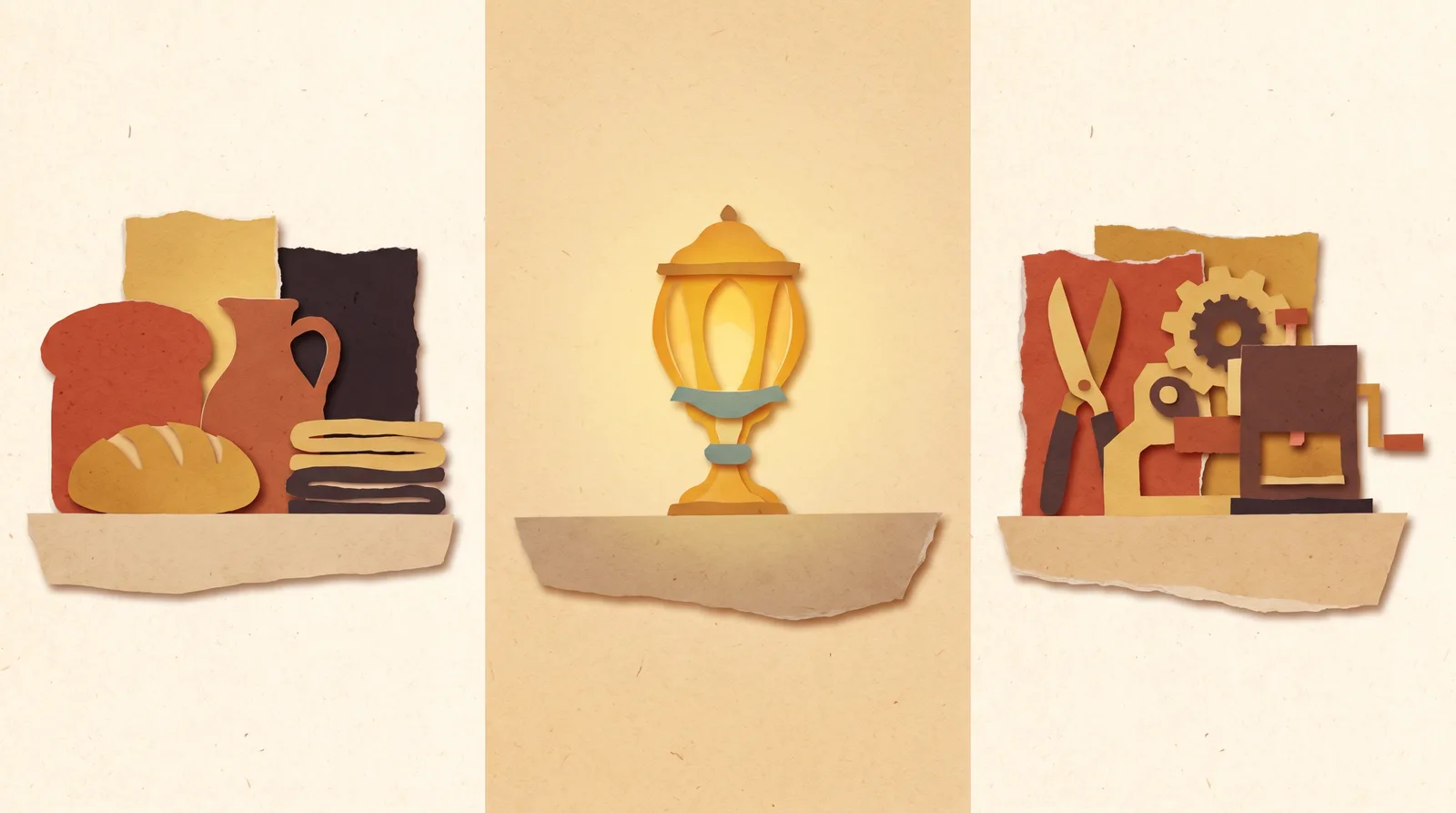 Three papercut shelves: necessities, a luxury, shared tools