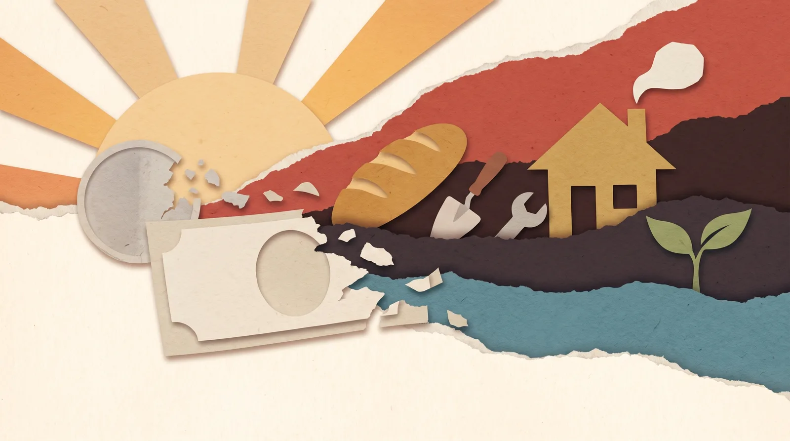 A papercut coin dissolving into bread, tools and a home