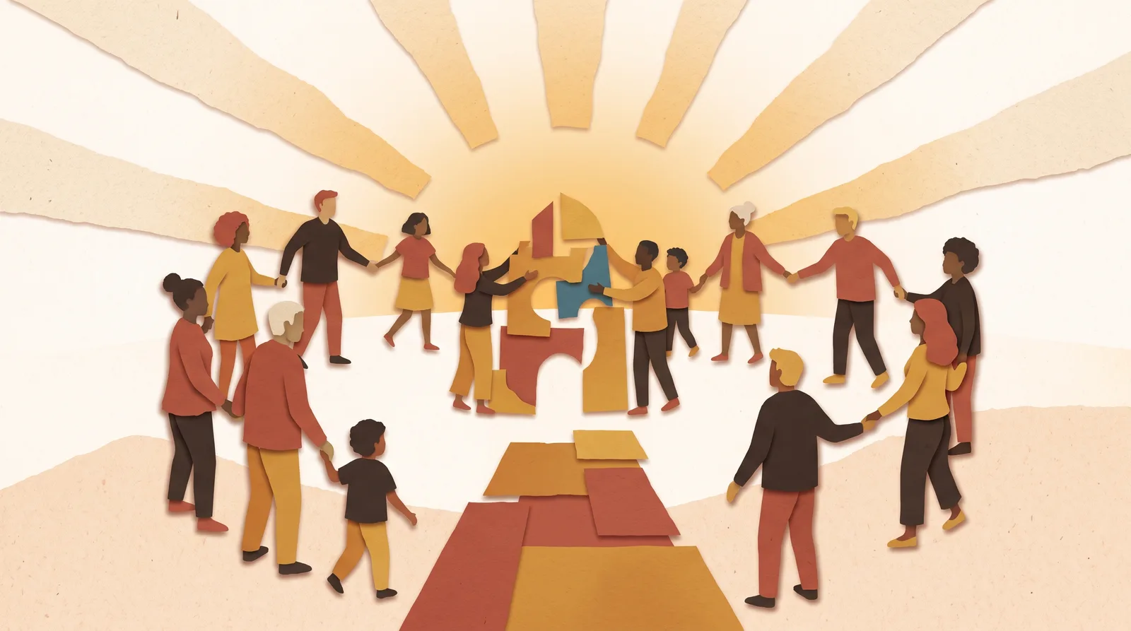 A warm circle of diverse people of all ages planting a sprout together in a garden